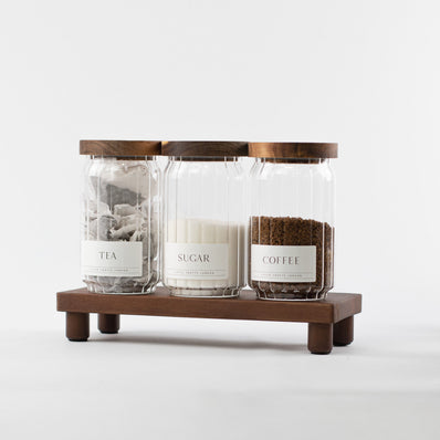 Ribbed Glass Tea, Coffee & Sugar Jars & Acacia Tray