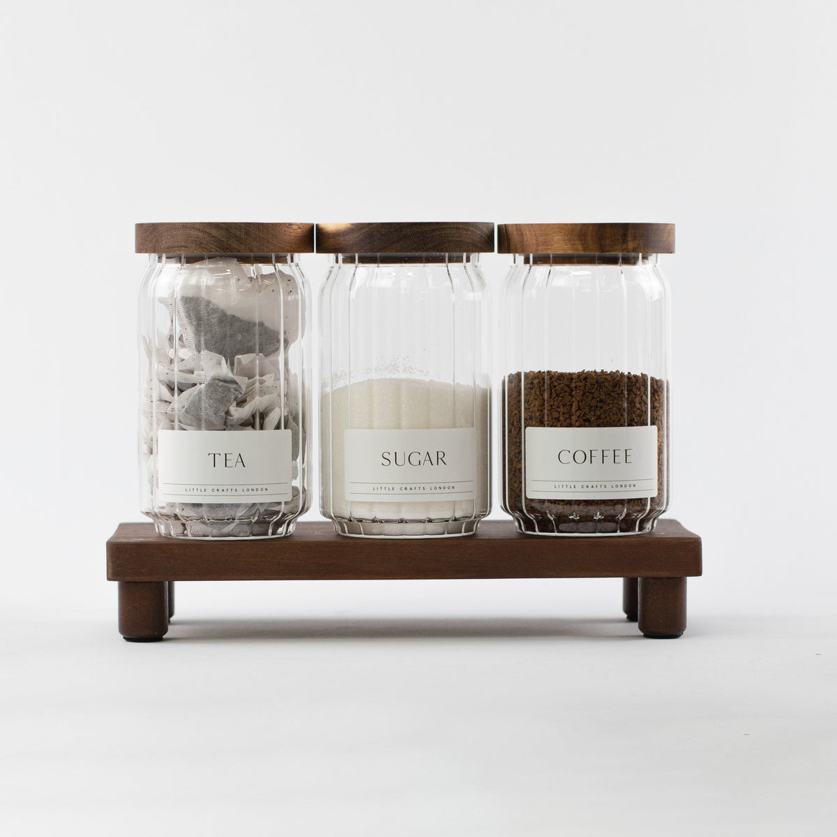 Ribbed Glass Tea, Coffee & Sugar Jars & Acacia Tray