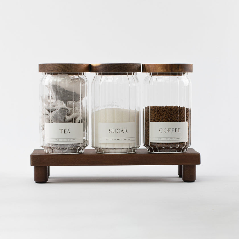 Ribbed Glass Tea, Coffee & Sugar Jars & Acacia Tray