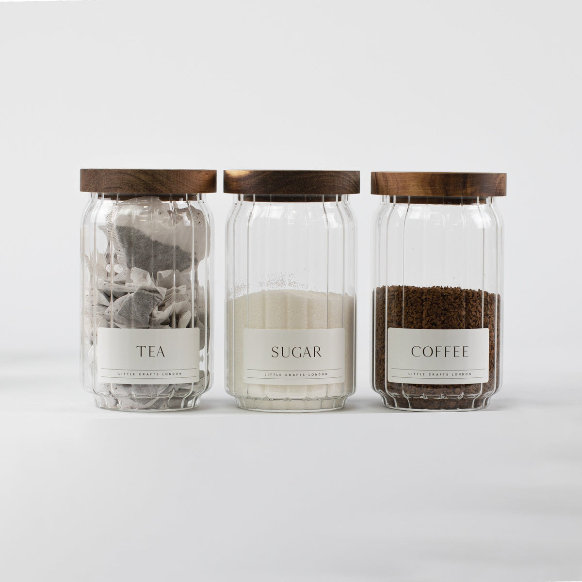 Ribbed Glass Tea, Coffee & Sugar Jars & Acacia Tray