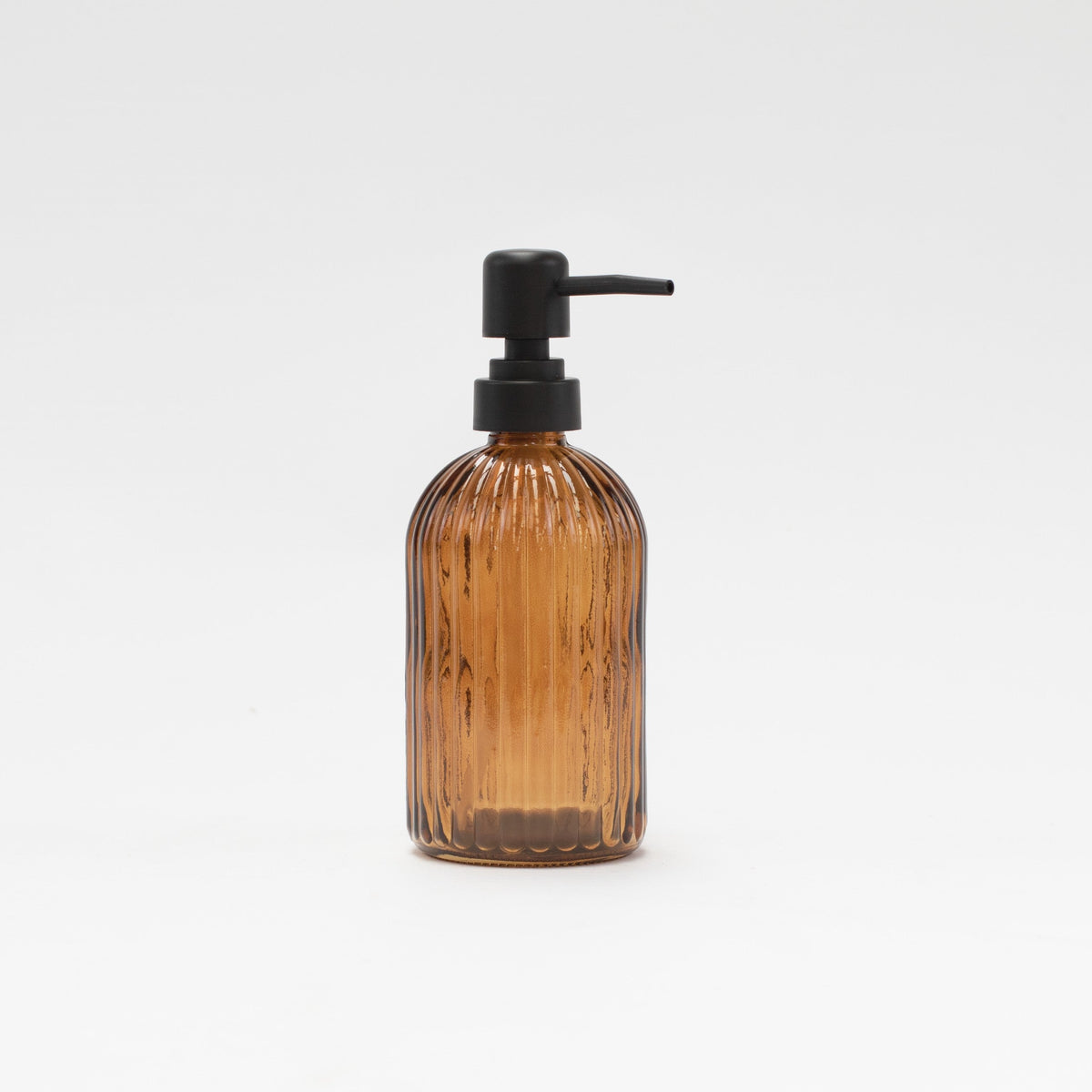 Set of 2 Ribbed Amber Glass Soap Dispensers & Tray