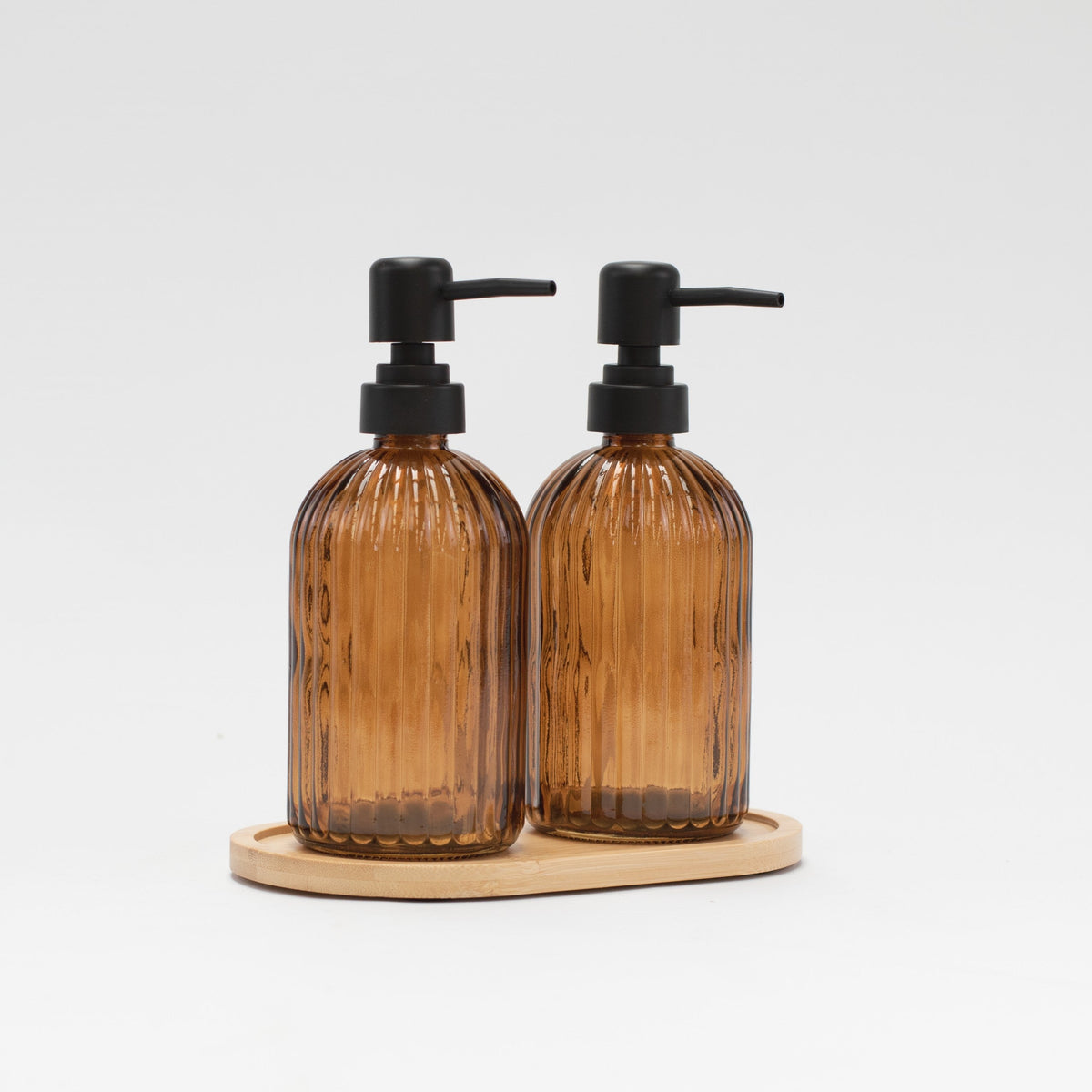 Set of 2 Ribbed Amber Glass Soap Dispensers & Tray
