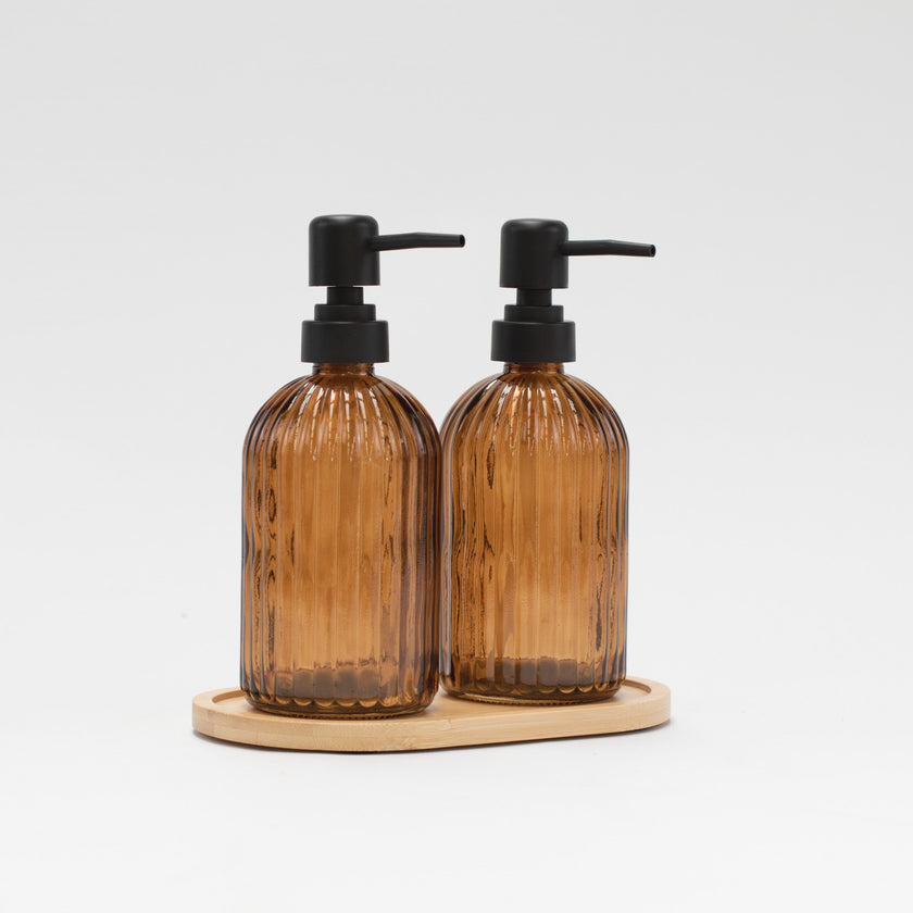 Set of 2 Ribbed Amber Glass Soap Dispensers & Tray