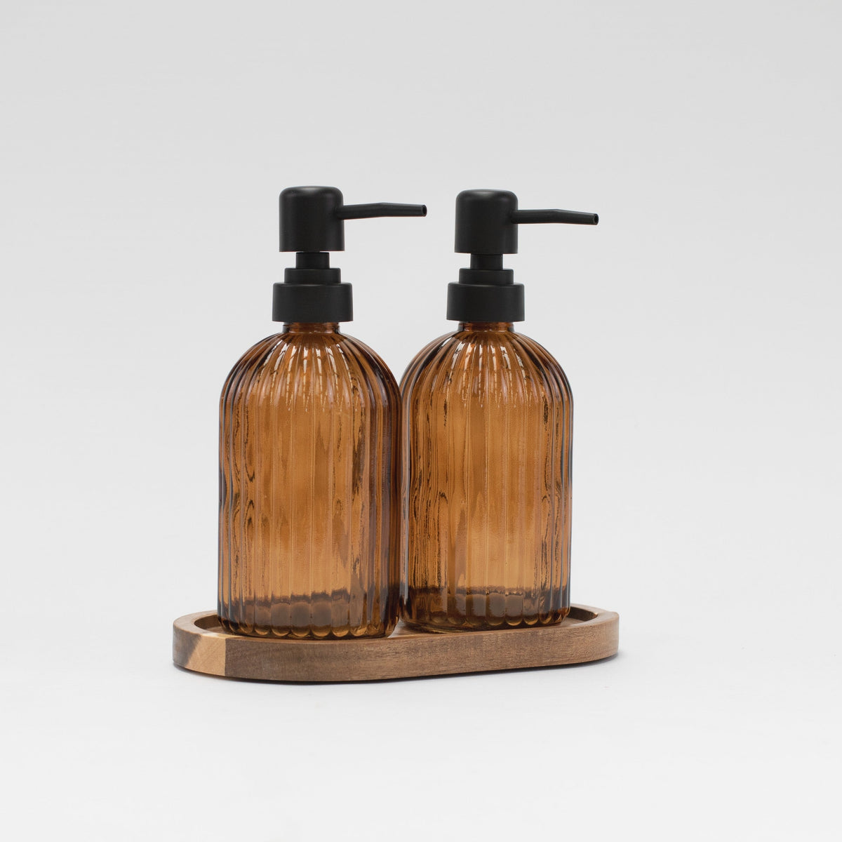 Set of 2 Ribbed Amber Glass Soap Dispensers & Tray