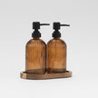 Set of 2 Ribbed Amber Glass Soap Dispensers & Tray