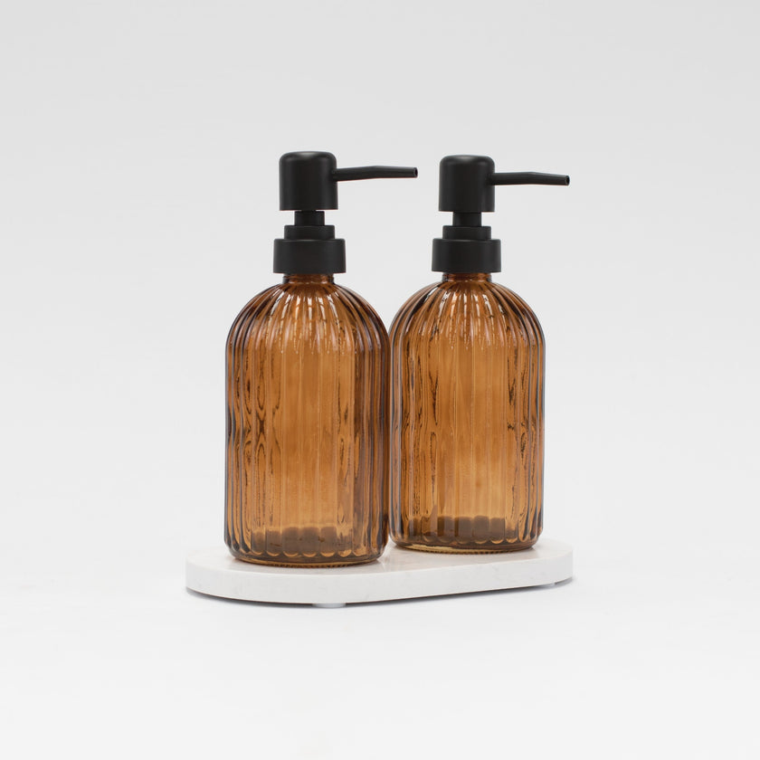 Set of 2 Ribbed Amber Glass Soap Dispensers & Tray