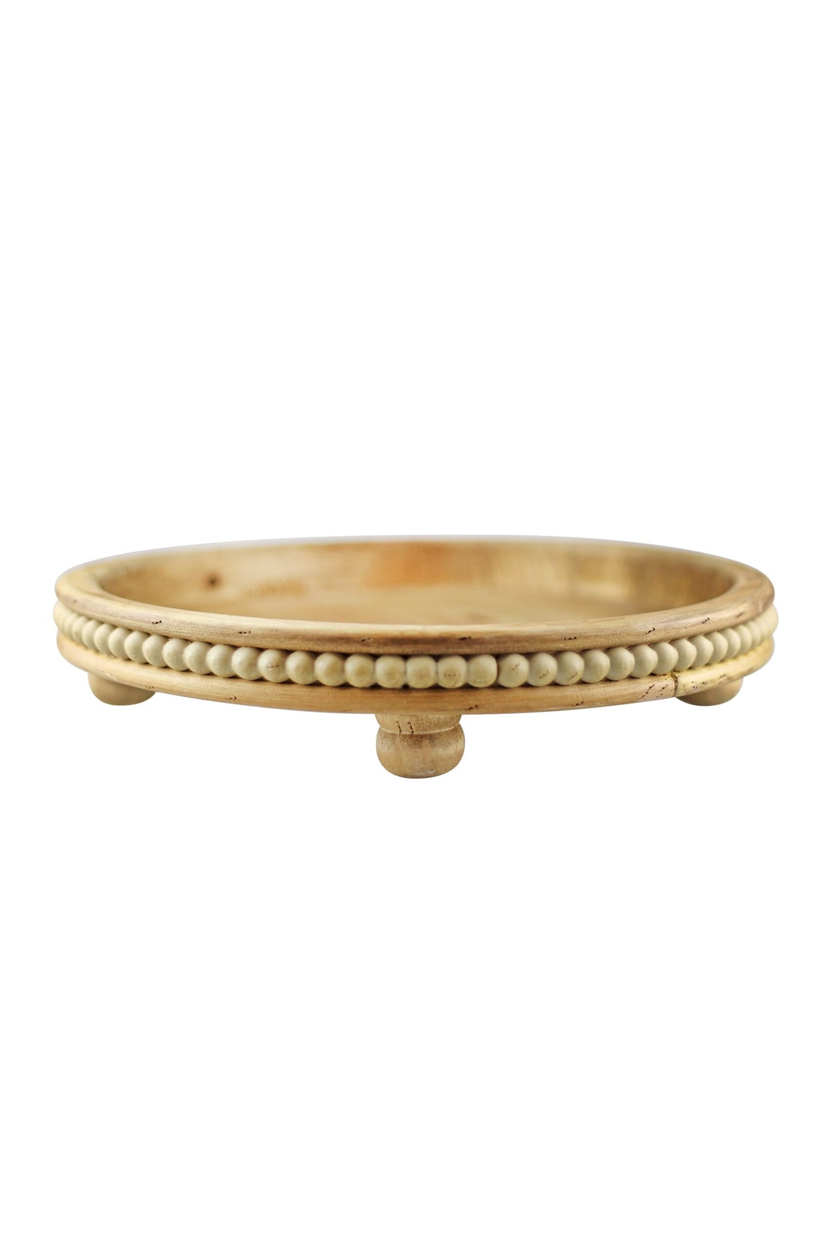 Beaded Round Wooden Tray - Natural