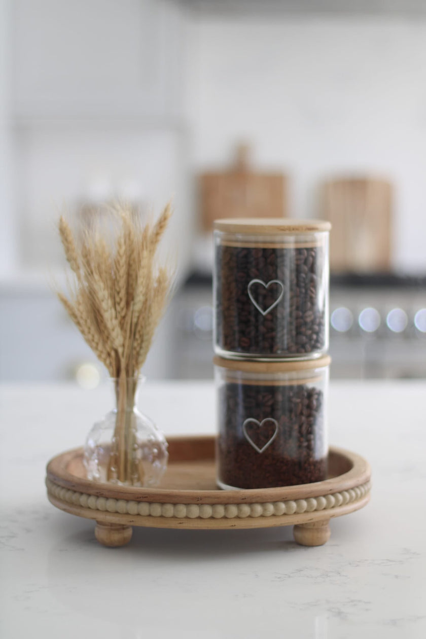 Beaded Round Wooden Tray - Natural