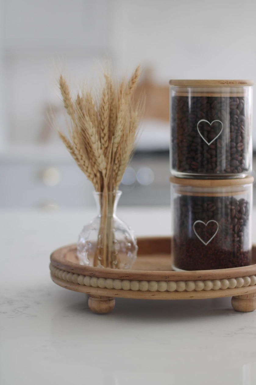 Beaded Round Wooden Tray - Natural