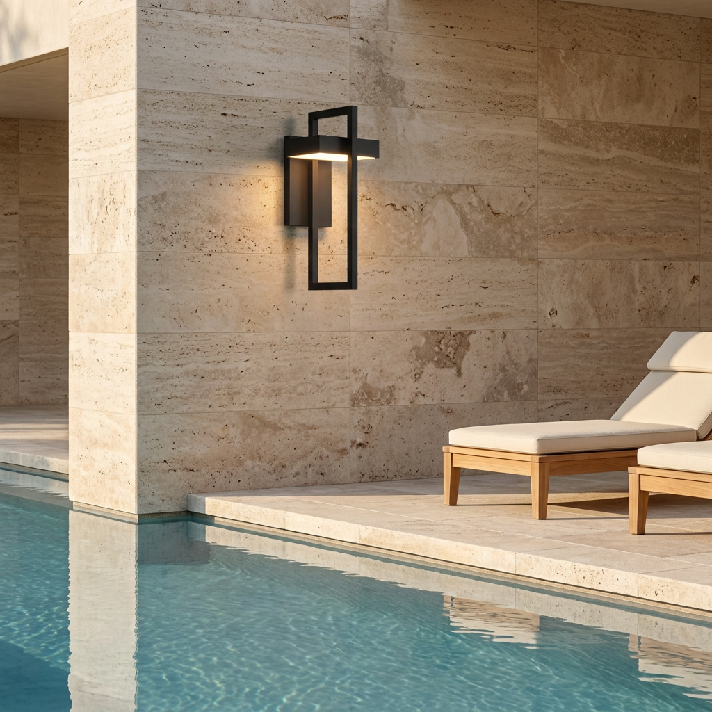 Terri sconce on a travertine poolside wall