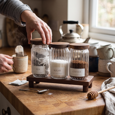 Ribbed Glass Tea, Coffee & Sugar Jars & Acacia Tray