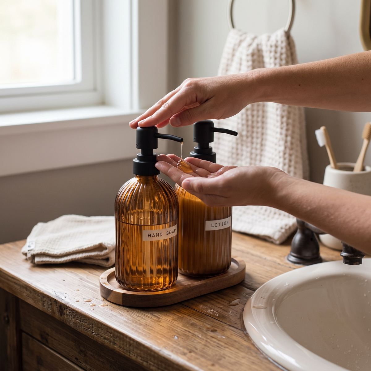 Set of 2 Ribbed Amber Glass Soap Dispensers & Tray