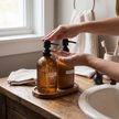 Set of 2 Ribbed Amber Glass Soap Dispensers & Tray