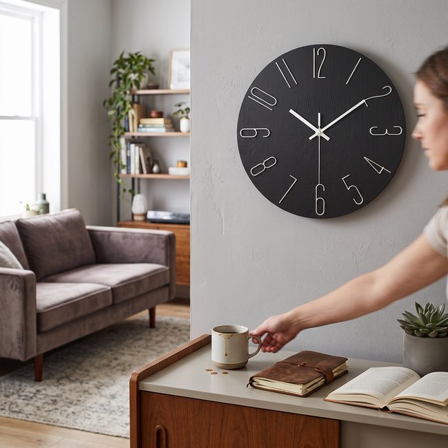 Aurum Silent Wall Clock with Gold Numerals - Black