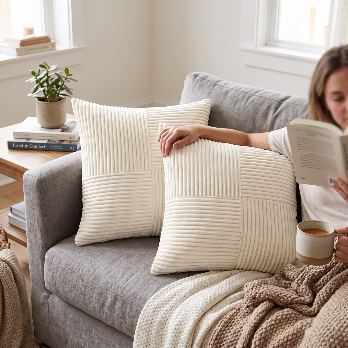 Corduroy striped cushion cover - white