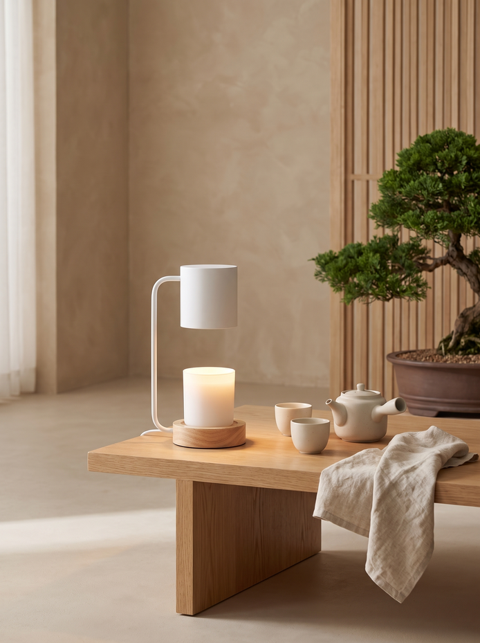 Japanese Minimalist Table Lamp on an oak side table with a ceramic tea set
