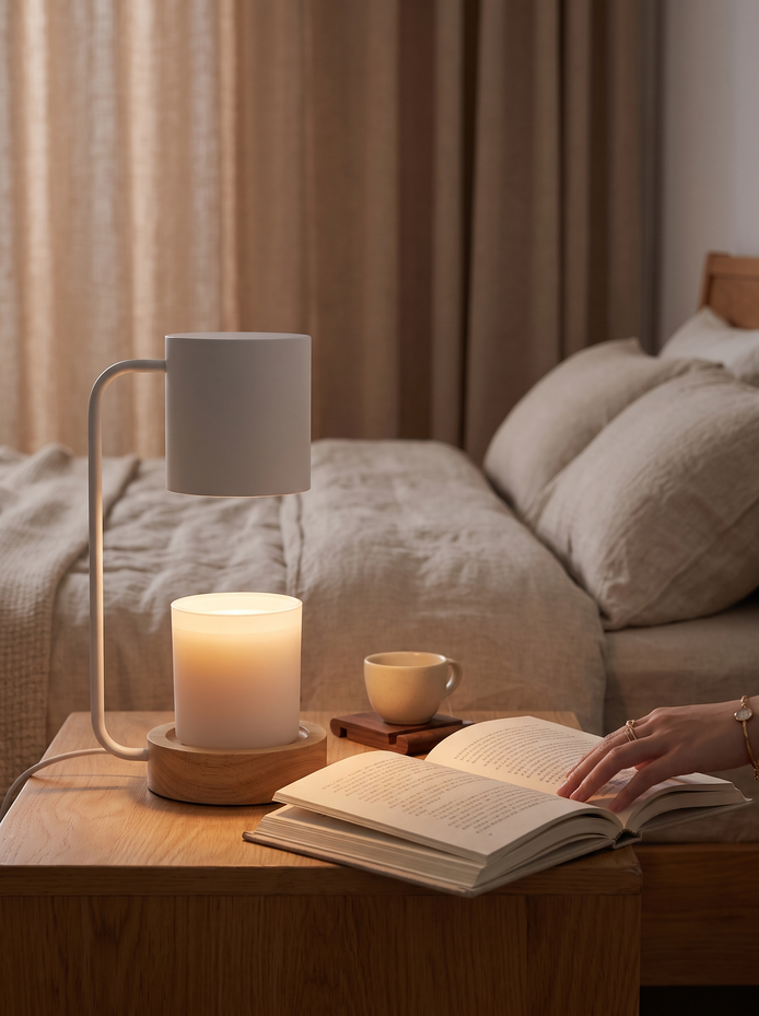 Japanese Minimalist Table Lamp glowing on a nightstand beside an open book