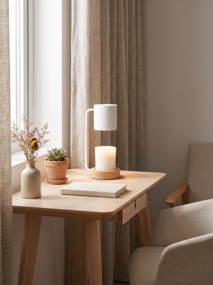 Japanese Minimalist Table Lamp on a compact wood desk in a reading nook