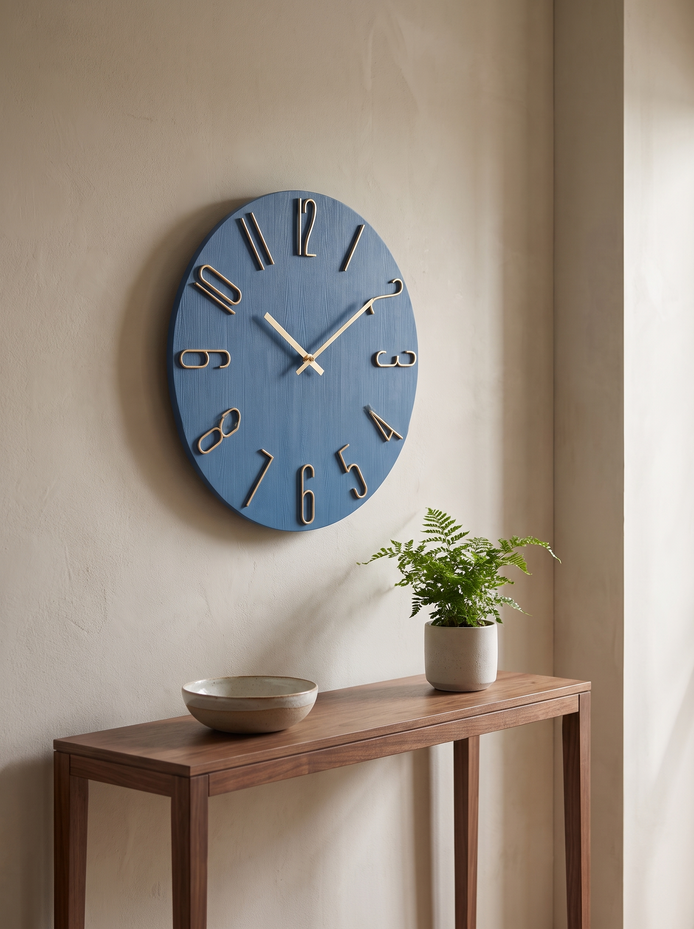 Noble Modern Wall Clock above a walnut entry console in a hallway