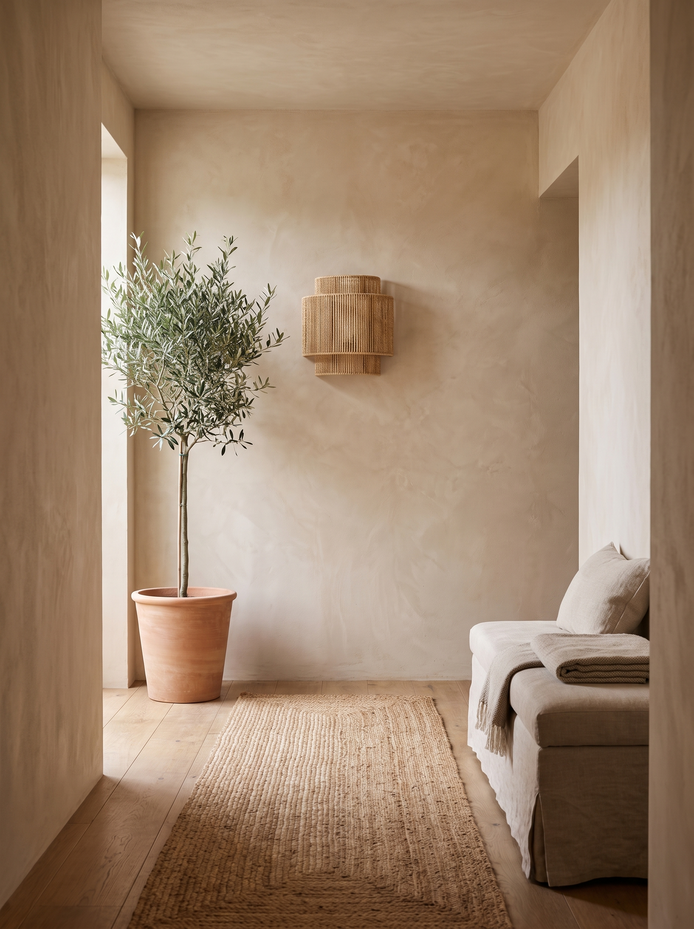 RattanGlow Handwoven Wall Lamp in a warm neutral hallway by day