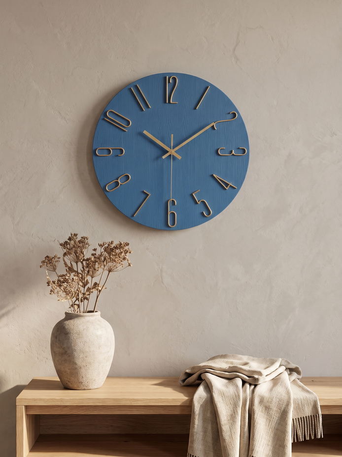 Noble Modern Wall Clock above an oak console in a warm neutral living room