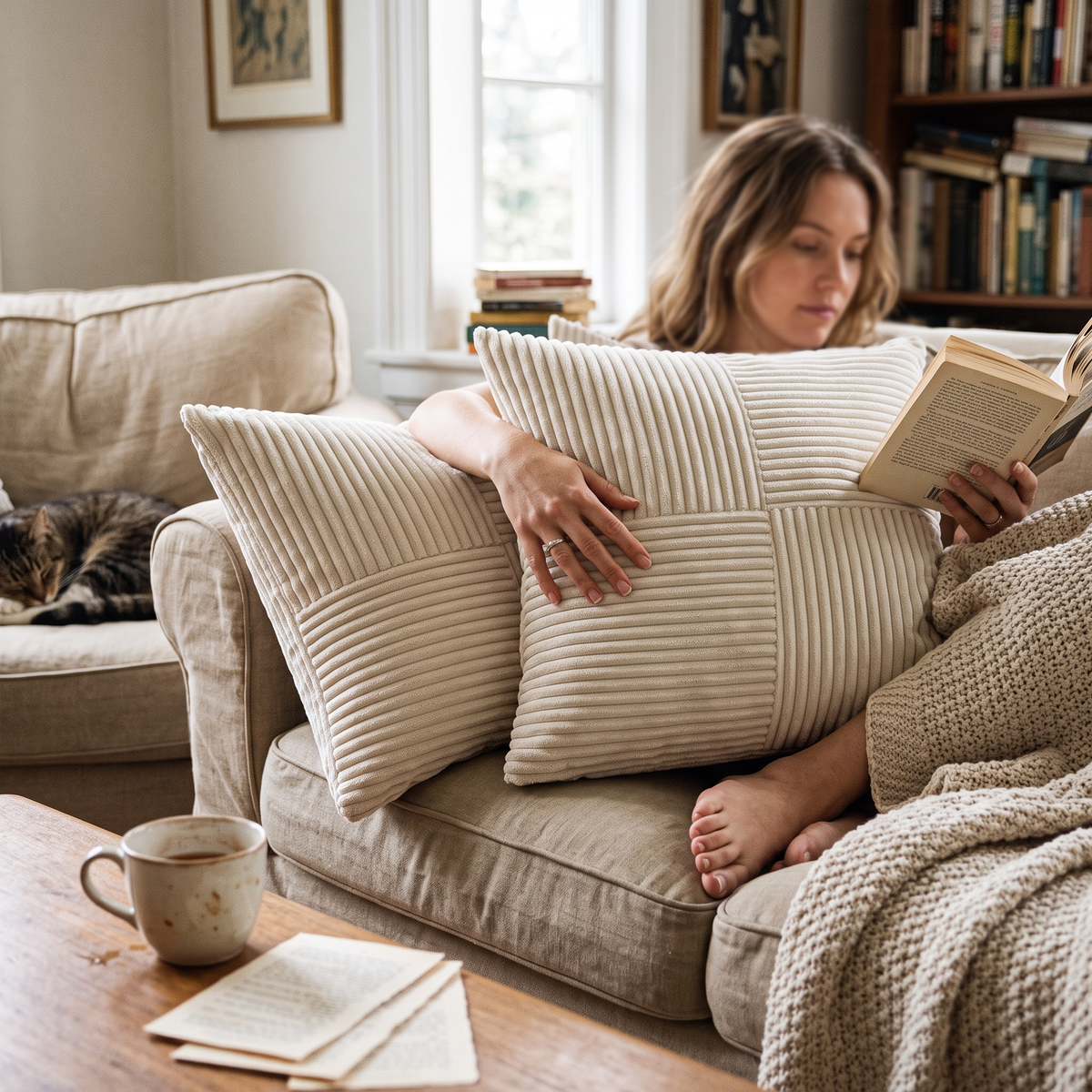 Corduroy striped cushion cover - beige