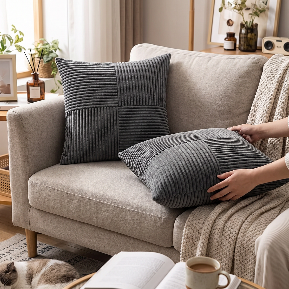 Corduroy striped cushion cover - dark grey