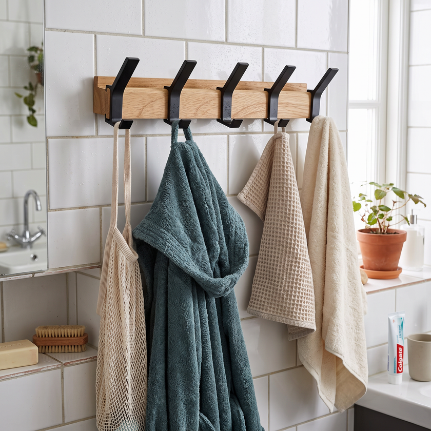 Nordic wall-mounted coat rack in a bathroom
