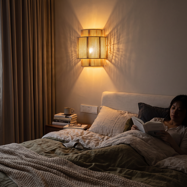 Sol Handwoven Rattan Wall Lamp switched on by a bed