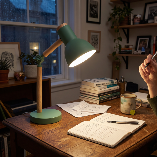 Birk Adjustable Wooden Desk Lamp - Green