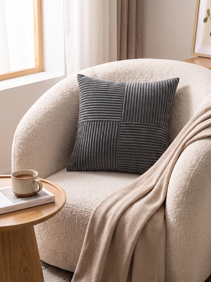 Corduroy Striped Cushion Cover in a boucle reading chair