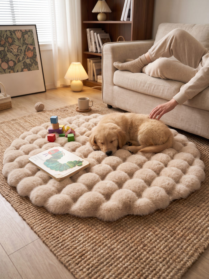 Cloud Comfort Round Bubble Rug layered over a jute rug