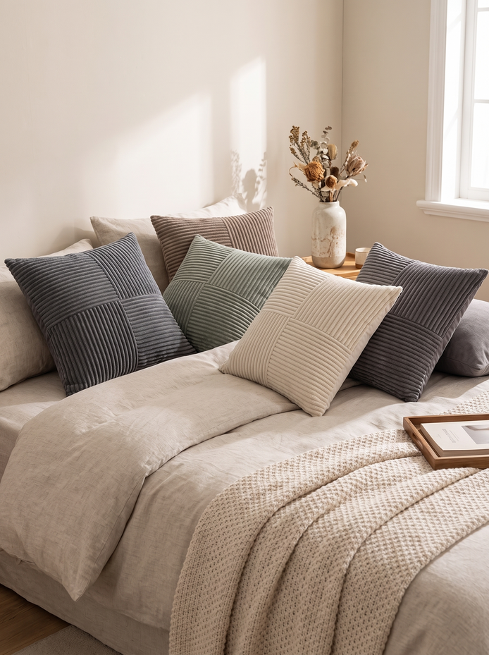 Corduroy Striped Cushion Covers layered on a linen bed