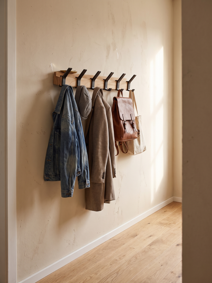 Nordic Wall Coat Rack in a narrow hallway with a clear floor