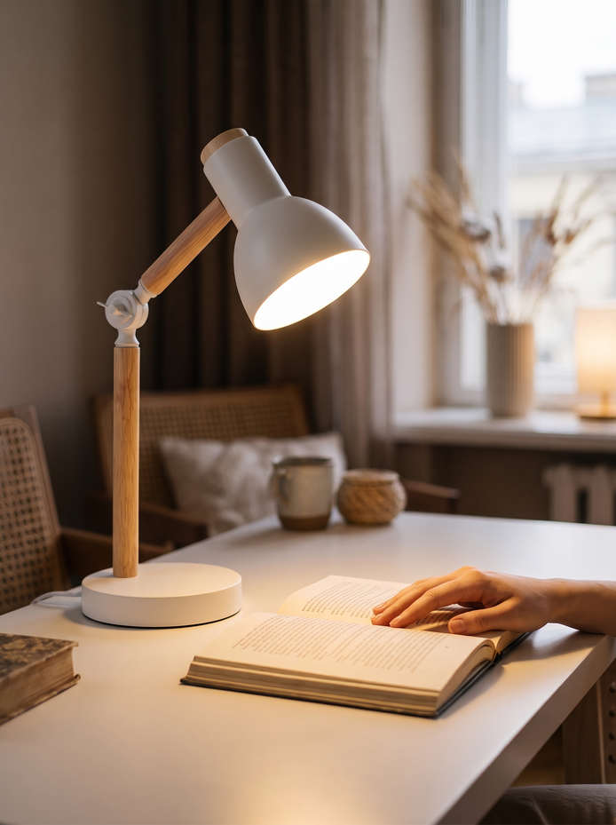 Nordic Wooden Desk Lamp tilted to light an open book