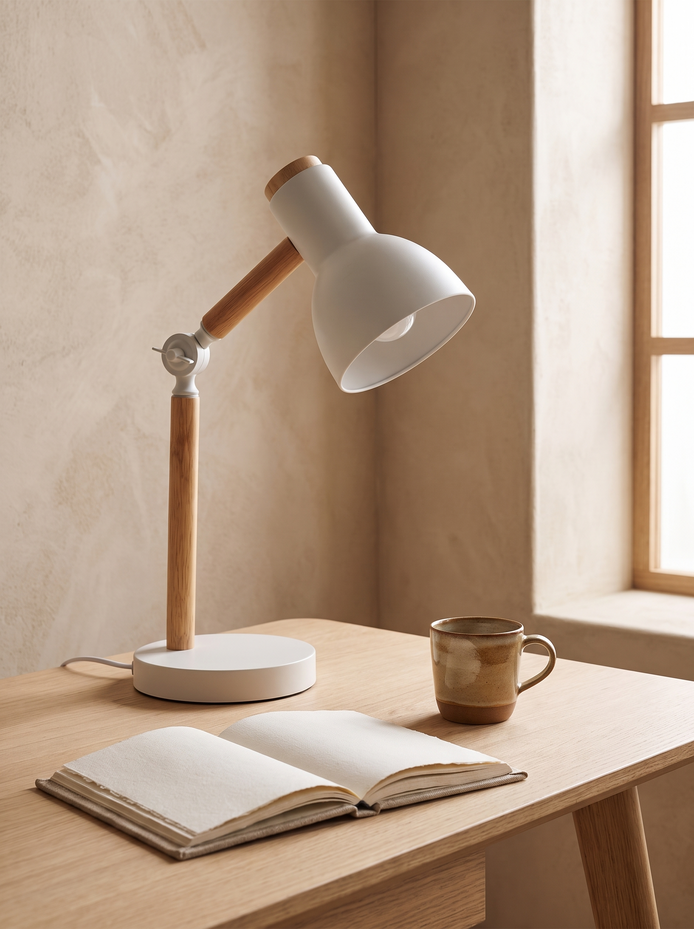 Nordic Wooden Desk Lamp on a pale oak desk with a linen notebook