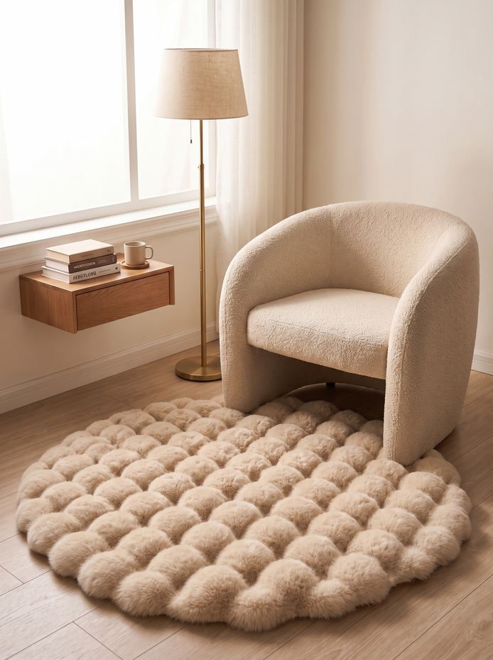 Cloud Comfort Round Bubble Rug under a boucle lounge chair