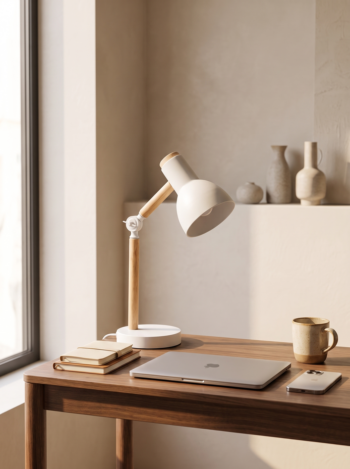 Nordic Wooden Desk Lamp on a compact walnut desk with laptop and mug