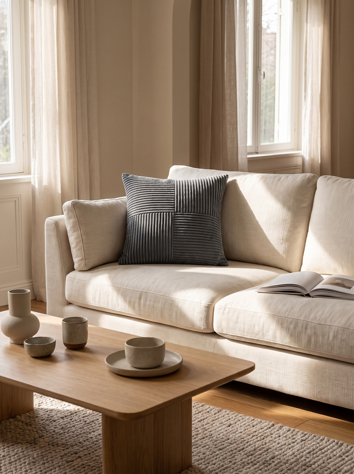 Corduroy Striped Cushion Cover on a cream linen sofa in window light