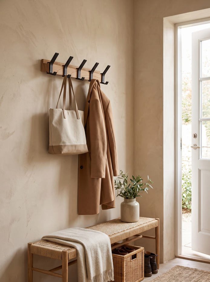 Nordic Wall Coat Rack holding a coat and tote in a warm entryway