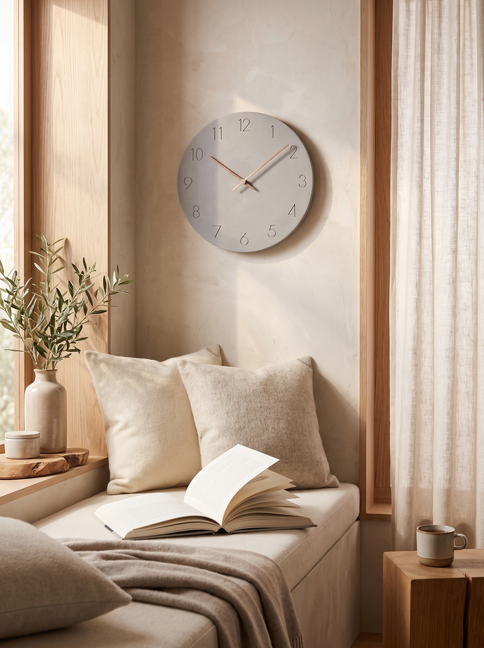 Nork Minimalist Wood Wall Clock above a quiet window seat