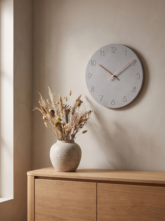 Nork Minimalist Wood Wall Clock above an oak sideboard