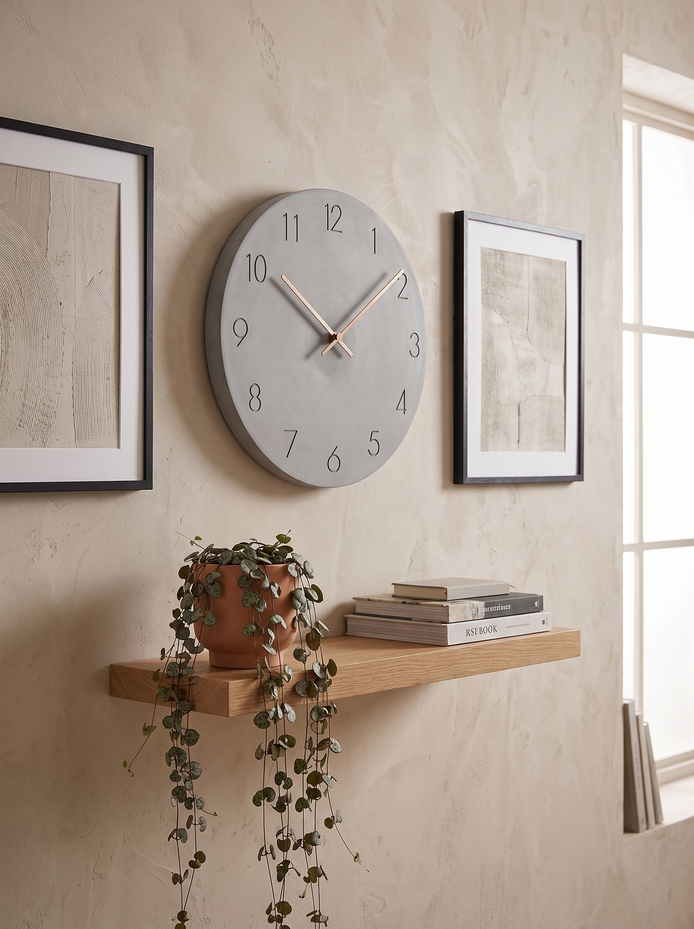 Nork Minimalist Wood Wall Clock on a minimal gallery wall