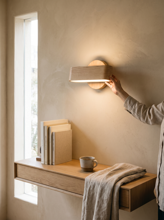 Japanese Rotating Wood Wall Lamp, Made for Narrow Spaces