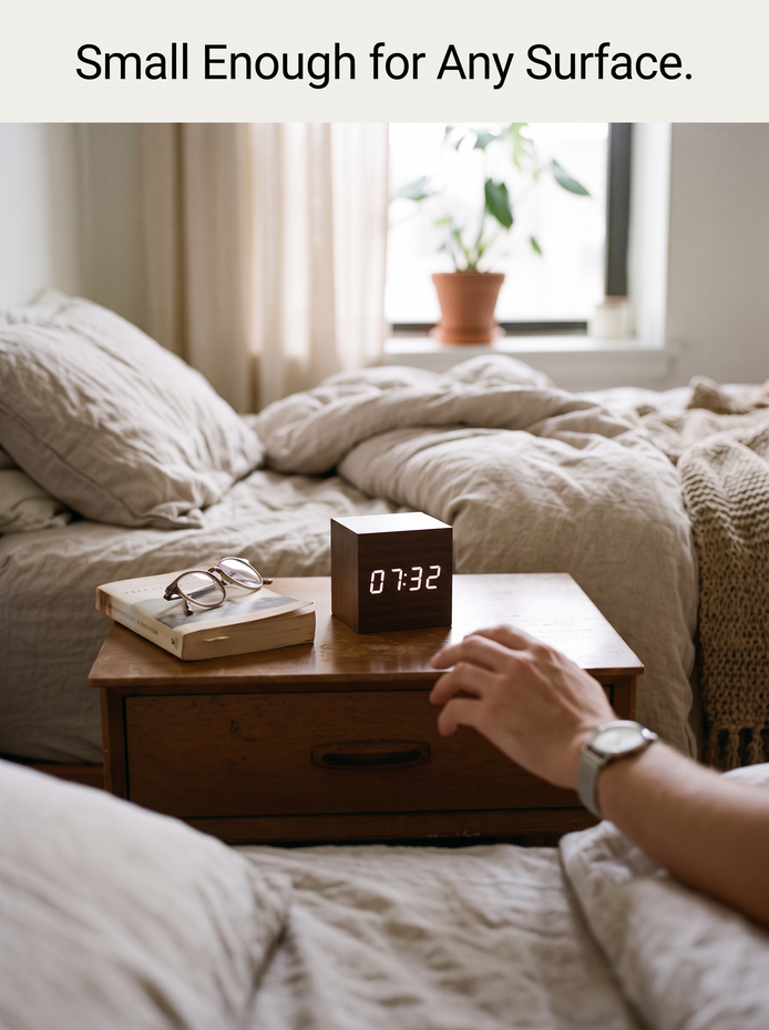Modern Digital Wood Cube Clock, Small Enough for Any Surface