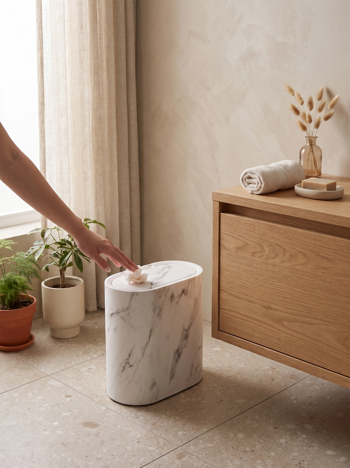 Nordic Marble Push Top Trash Can, Out of Sight, Out of Mind