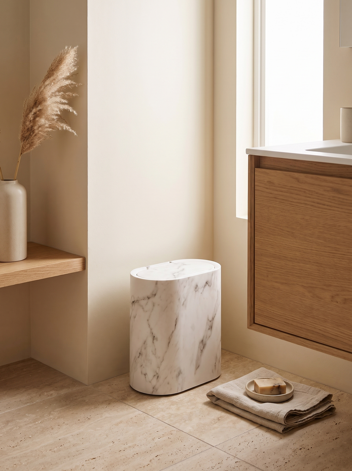 Nordic Marble Push Top Trash Can, Made for the Tightest Corners
