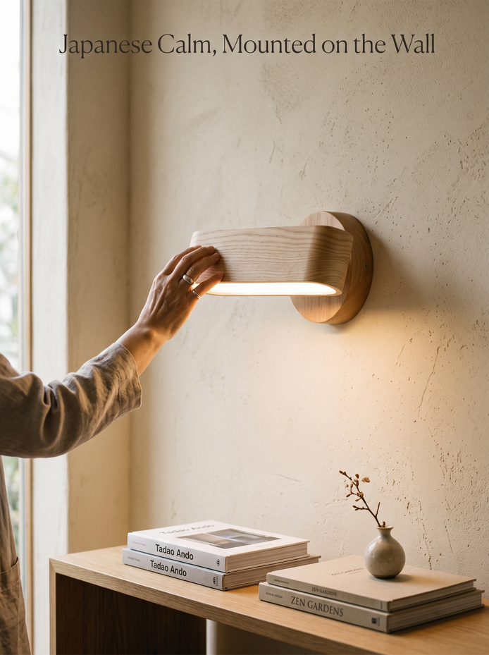 Japanese Rotating Wood Wall Lamp, Japanese Calm, Mounted on the Wall
