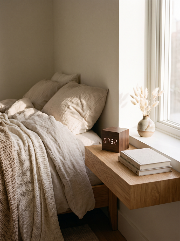 Modern Digital Wood Cube Clock, Wood by Day, Light When It Counts