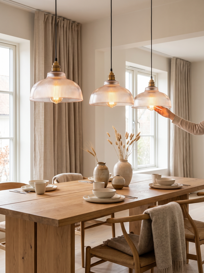 LumiVibe Ribbed Glass Pendant Light, Clear Sparkle or Golden Glow
